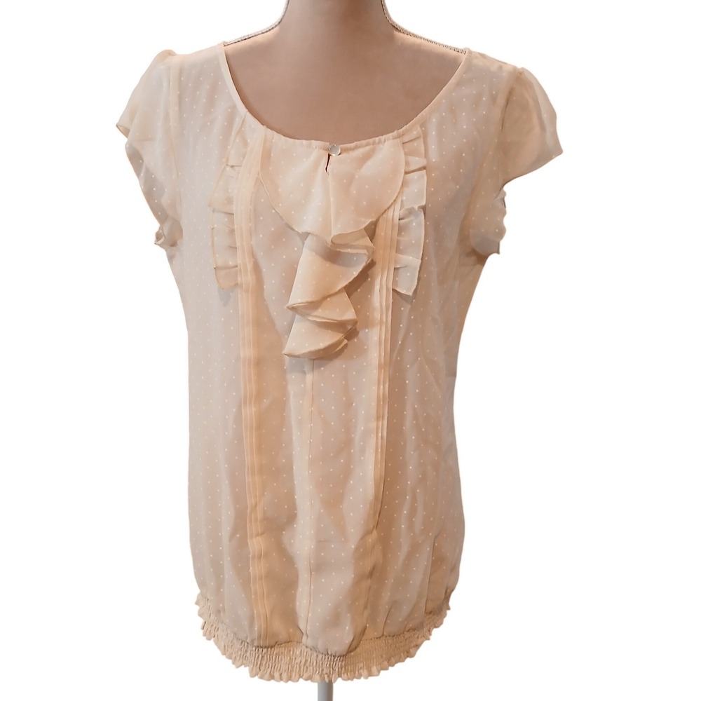 Maurices Cream Polka Dot Ruffle Front Smocked Hem Blouse Top Large New